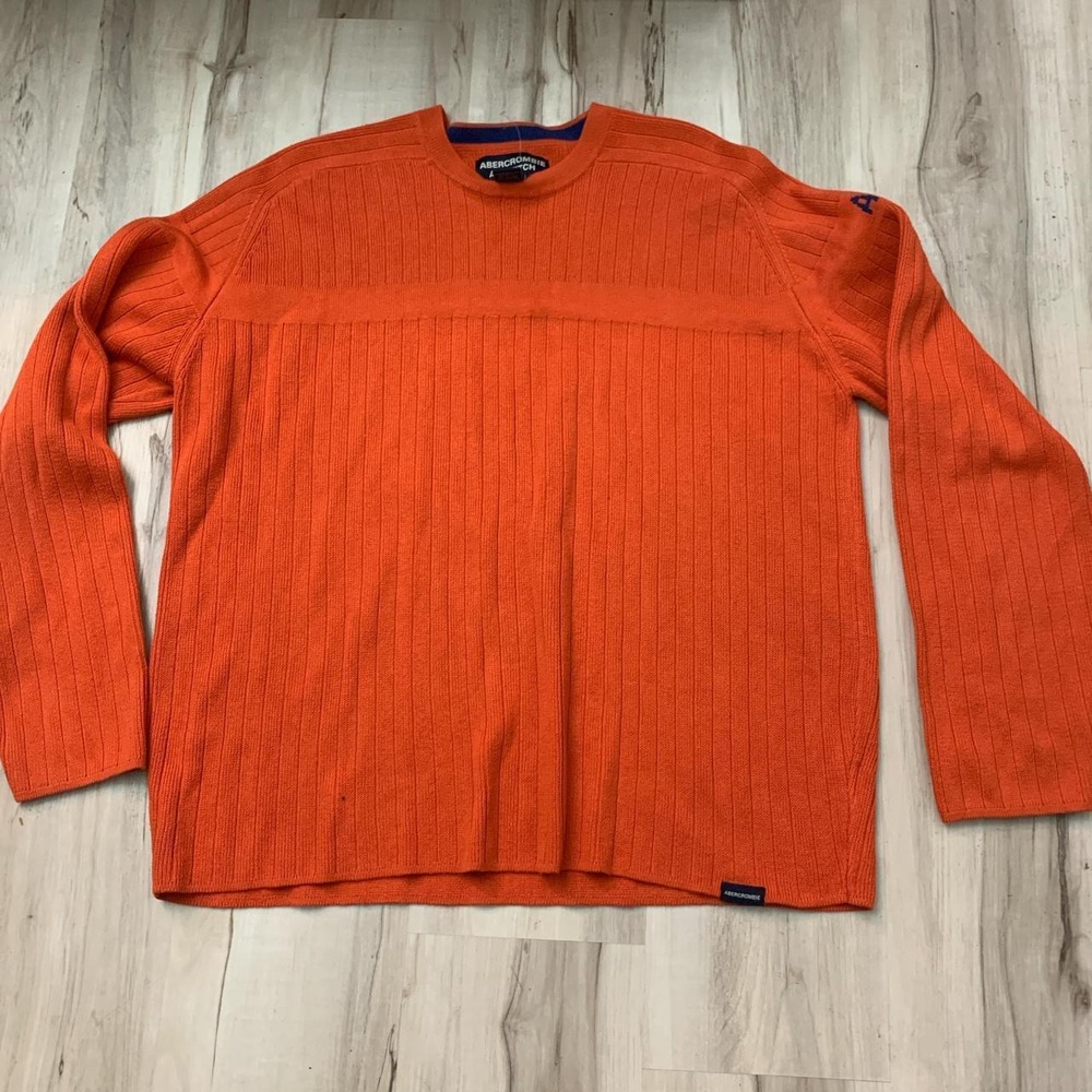 Abercrombie & Fitch Mens XL Orange Blue Striped Ribbed Crewneck Sweater A-1892